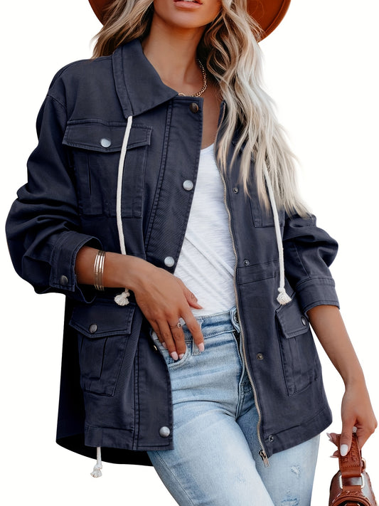 Button Flap Pockets Drawstring Jacket, Casual Long Sleeve Jacket For Fall & Winter, Women's Clothing