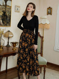 Women's Dresses Knitted Long-sleeve Paneled Floral Swing Dresses