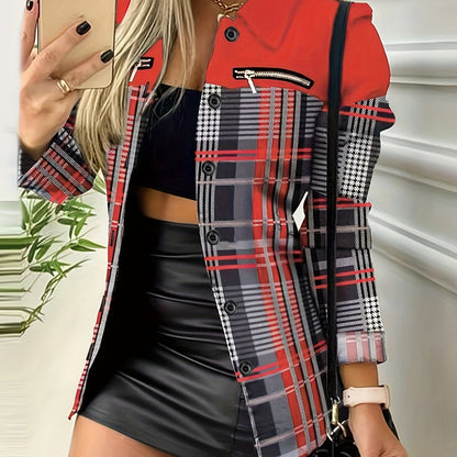 Button Front Plaid Print Lapel Jacket, Casual Long Sleeve Zipper Pocket Jacket For Fall & Winter, Women's Clothing