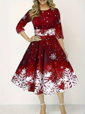 dunnmall  Women's Christmas Casual Dress, Plus Size Colorblock Snowflake Print Half Sleeve Round Neck Midi Dress