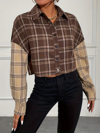 Plaid Print Color Block Crop Jacket, Casual Drop Shoulder Button Front Jacket, Women's Clothing