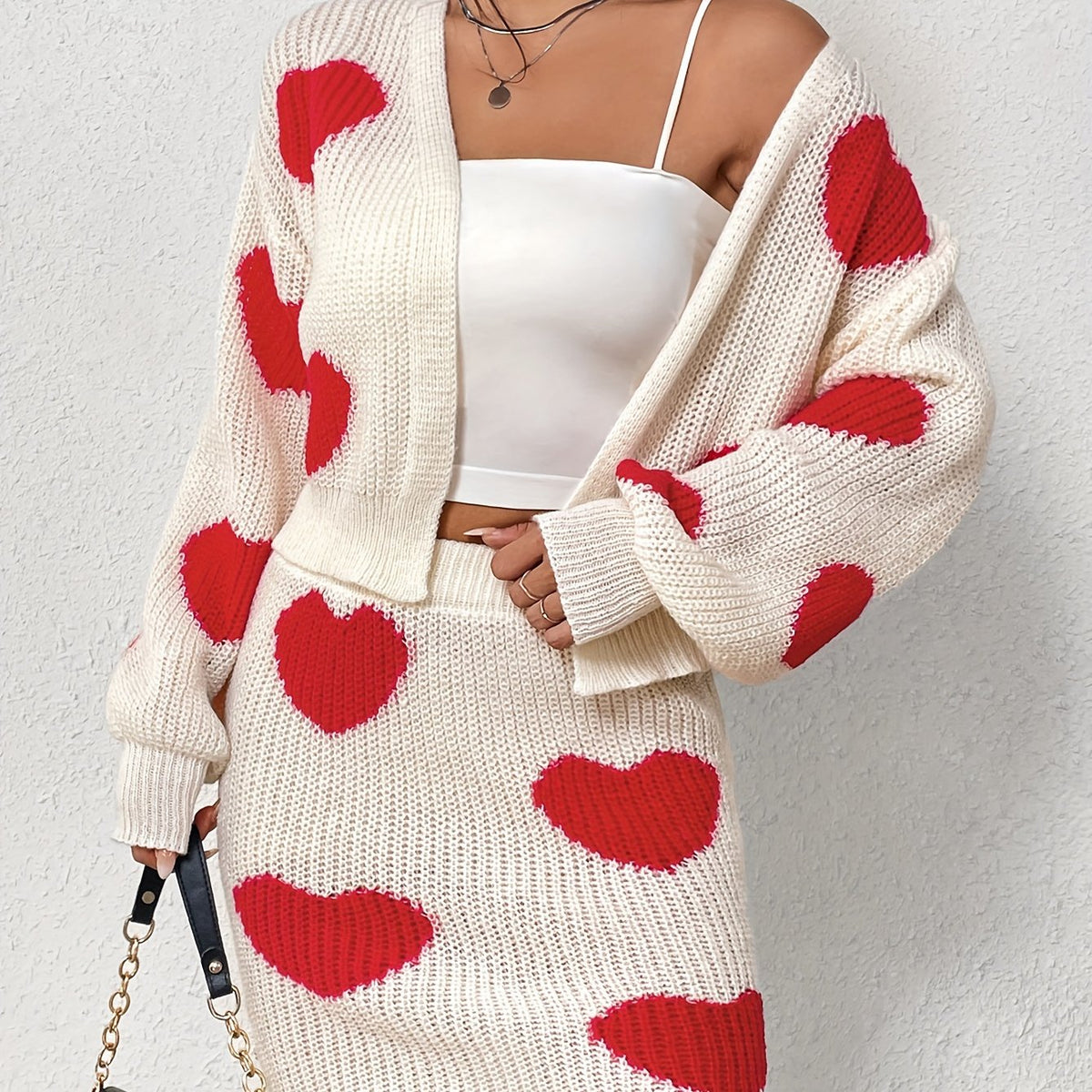 Heart Pattern Sweater Two-piece Set, Open Front Long Sleeve Cardigan & Knitted Bag Hip Skirts Outfits, Women's Clothing