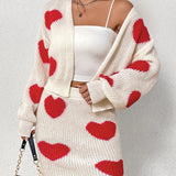 Heart Pattern Sweater Two-piece Set, Open Front Long Sleeve Cardigan & Knitted Bag Hip Skirts Outfits, Women's Clothing