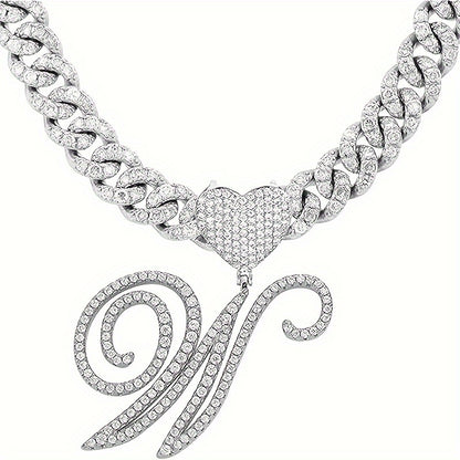 1 Piece Initial Necklace Men Women Silvery Cuban Chain Ice Rhinestone With Heart Shaped Letter Pendant Necklace Hip Hop Jewelry Gift