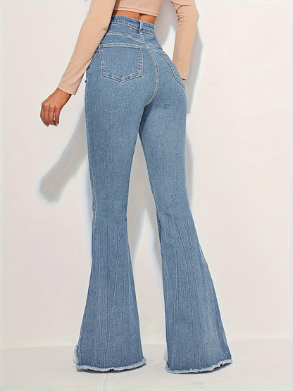 dunnmall Raw Trim Fashion Bell Bottom Jeans, High Waist Elastic Washed Elegant Denim Pants, Women's Denim Jeans & Clothing