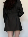 Solid Lapel Belted Blazer, Elegant Long Sleeve Blazer For Spring & Fall, Women's Clothing