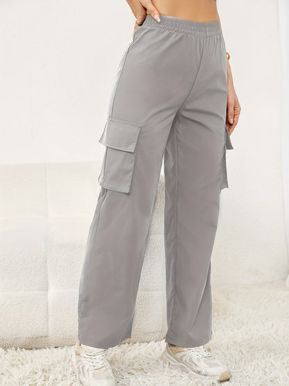 dunnmall  Solid Color Flap Pockets Straight Legs Trouser, High Waist Casual Wide Legs Cargo Pants, Women's Sweatpants