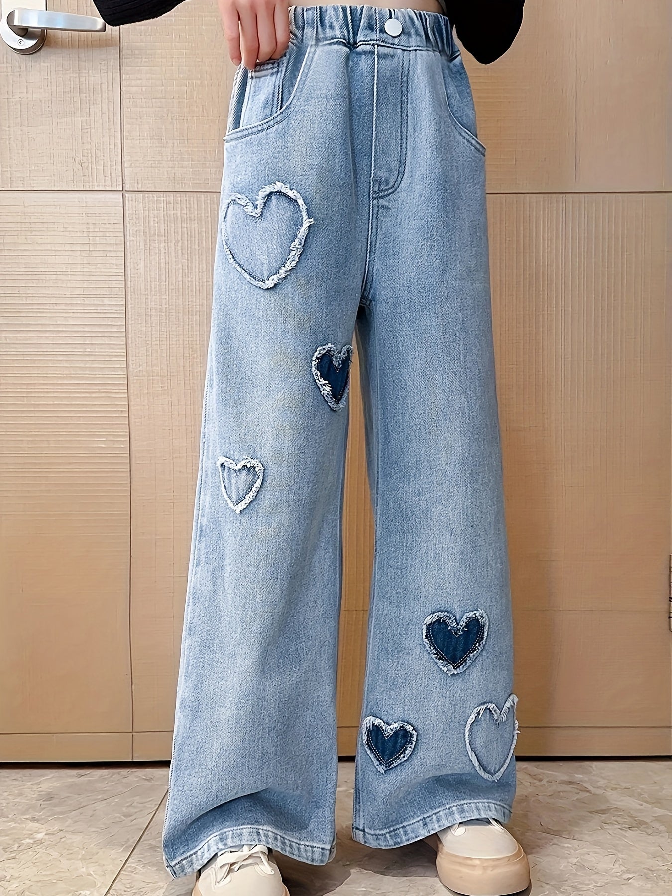 dunnmall Trendy Girls Heart Patch Baggy Jeans Loose Fit Denim Pants Comfy Versatile Streetwear Going Out