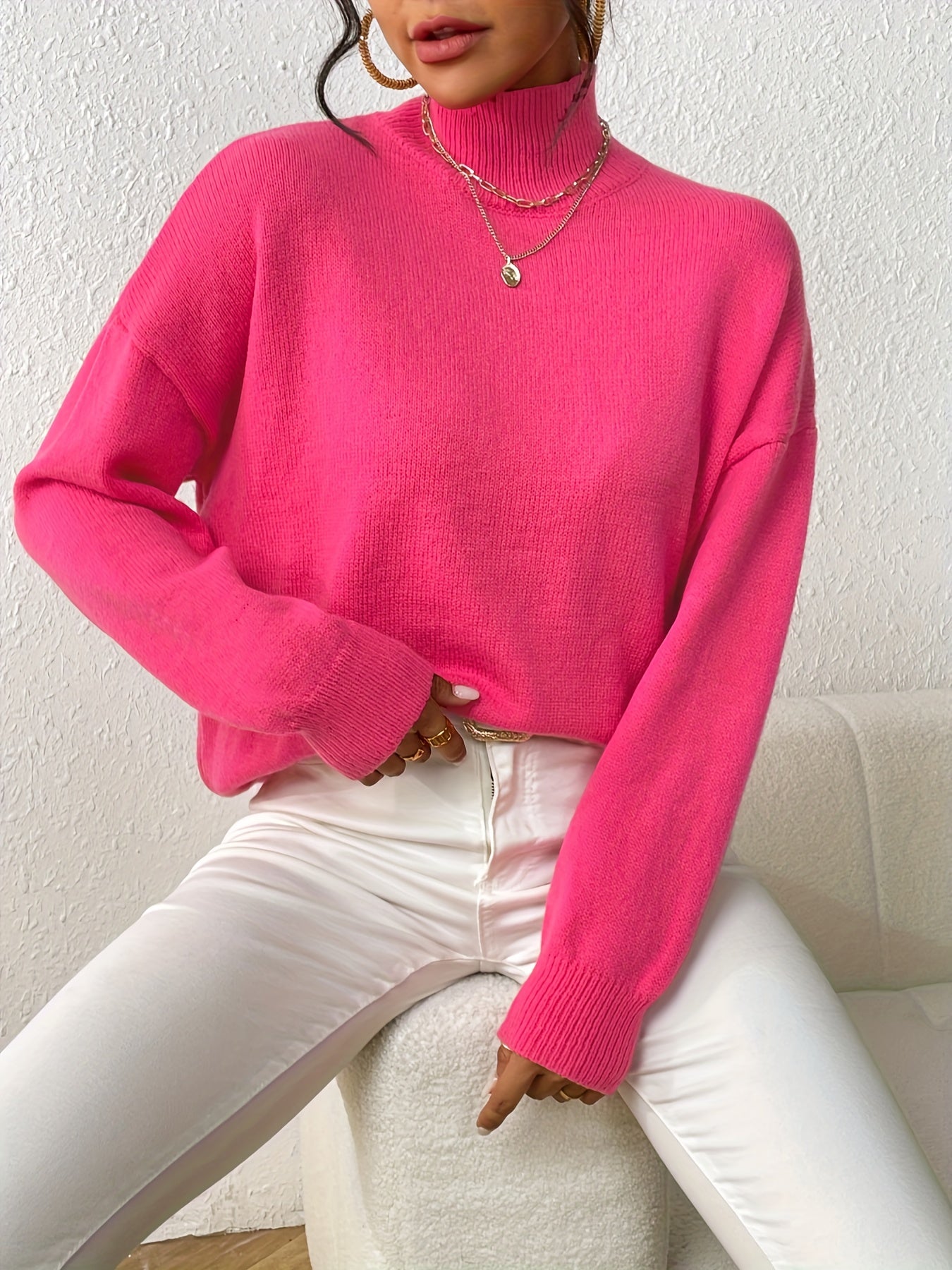 Solid Mock Neck Knit Sweater, Casual Drop Shoulder Long Sleeve Sweater, Women's Clothing