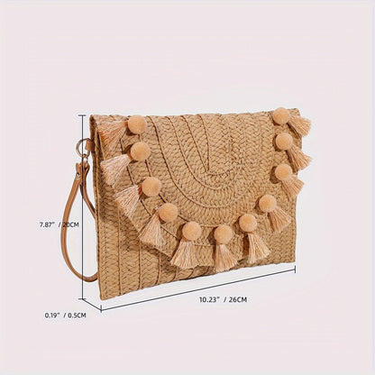 Stylish Rattan Envelope Clutch Bag - Buckle Closure, Polyester Lining, Plastic Material, Perfect for Summer Beach Travel and Vacation - Womens Wrist Bag for Everyday Use