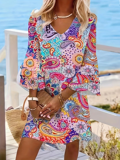 Paisley Print Layered Dress, Vacation V Neck Flared Sleeve Dress, Women's Clothing