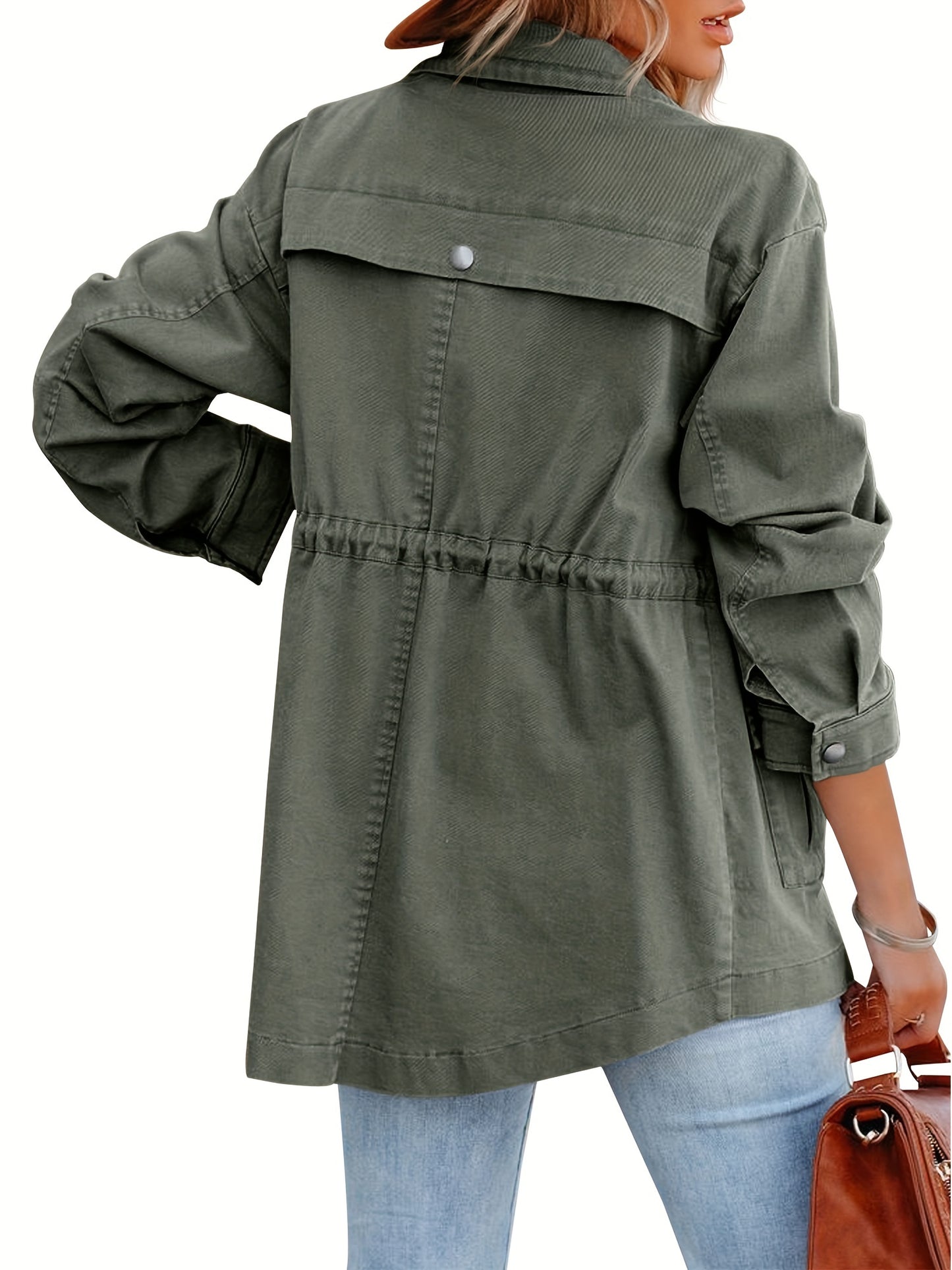 Button Flap Pockets Drawstring Jacket, Casual Long Sleeve Jacket For Fall & Winter, Women's Clothing