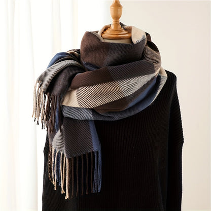 Thick Soft Plaid Tassel Scarf - Warm, Versatile, and Stylish Neck Accessory for Autumn and Winter - Polyester Made, Preppy Style, Weekend Casual Wear, Inelastic, and Feather-Free