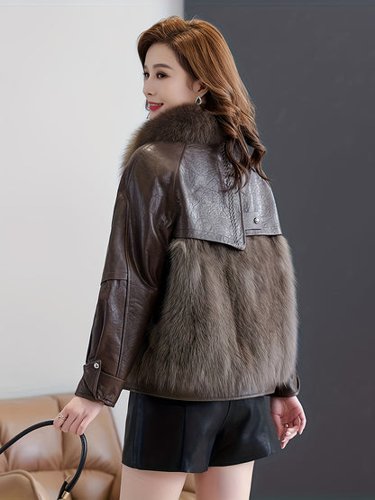 dunnmall  Faux Fur & Leather Zip-up Splicing Jacket, Casual Long Sleeve Jacket For Fall & Winter, Women's Clothing