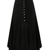 Plus Size Casual Skirt, Women's Plus Solid Velvet Faux Pearl Button Decor Elastic High Rise Medium Stretch Maxi Skirt