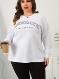 dunnmall  Plus Size Casual Sweatshirt, Women's Plus Letter Print Long Sleeve Slight Stretch Waffle Knit Pullover Top