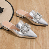 Shimmering Rhinestone Buckle Womens Low Heel Shoes - Chic Chunky Heels, Pointed Toe, Fashion Metallic Slip-On Dress Pumps for Elegant Style