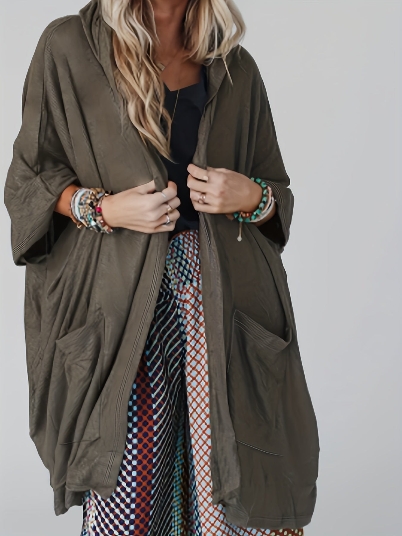 Plus Size Casual Coat, Women's Plus Solid Cape Sleeve Open Front Slight Stretch Hooded Coat