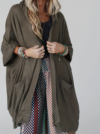 Plus Size Casual Coat, Women's Plus Solid Cape Sleeve Open Front Slight Stretch Hooded Coat