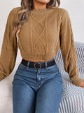 dunnmall Cable Crew Neck Pullover Sweater, Casual Long Sleeve Crop Sweater, Women's Clothing