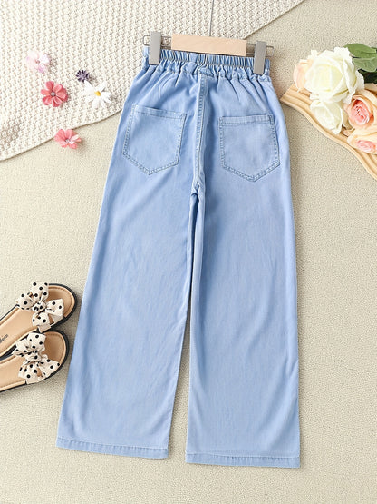 Girls Loose Casual Jeans Elastic Waist Letter Patched Button Wide Leg Denim Pants Kids Summer Clothes