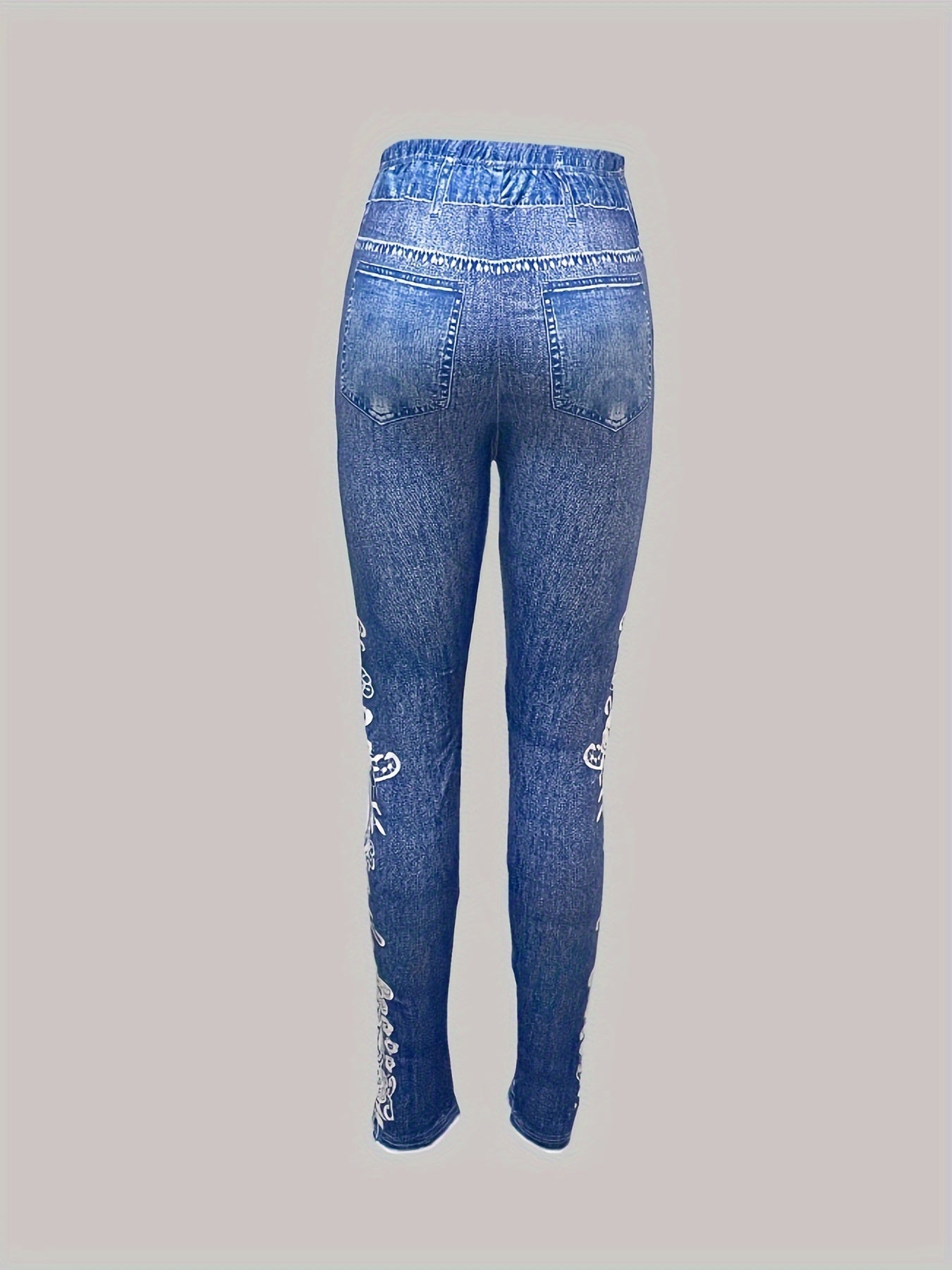 dunnmall  Floral & Denim Print Leggings, Skinny Casual Leggings, Women's Clothing