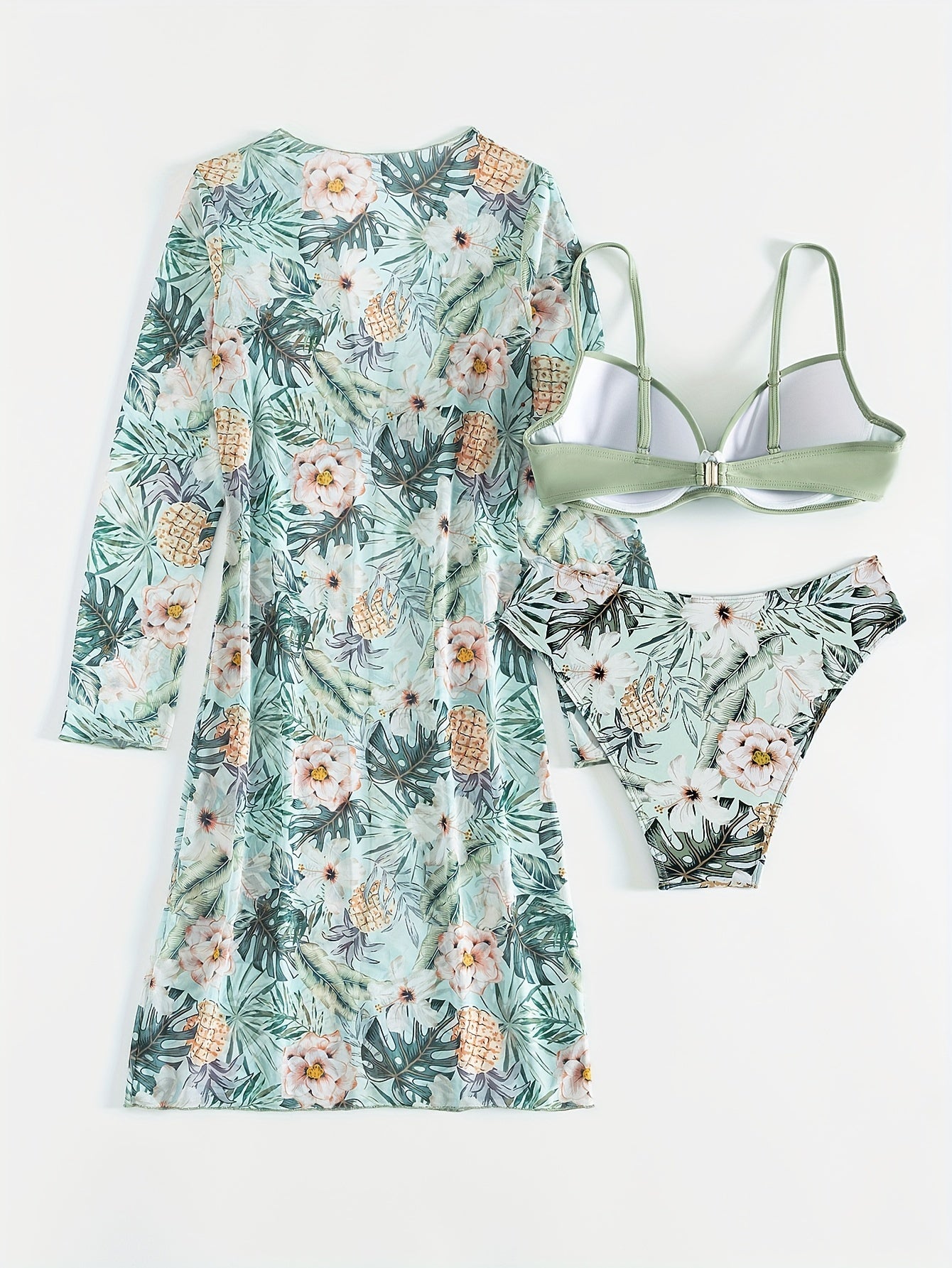 Tropical Print 3 Piece Set Bikini, V Neck Ruched High Cut With Long Sleeves Cover Up Shirt Swimsuits, Women's Swimwear & Clothing