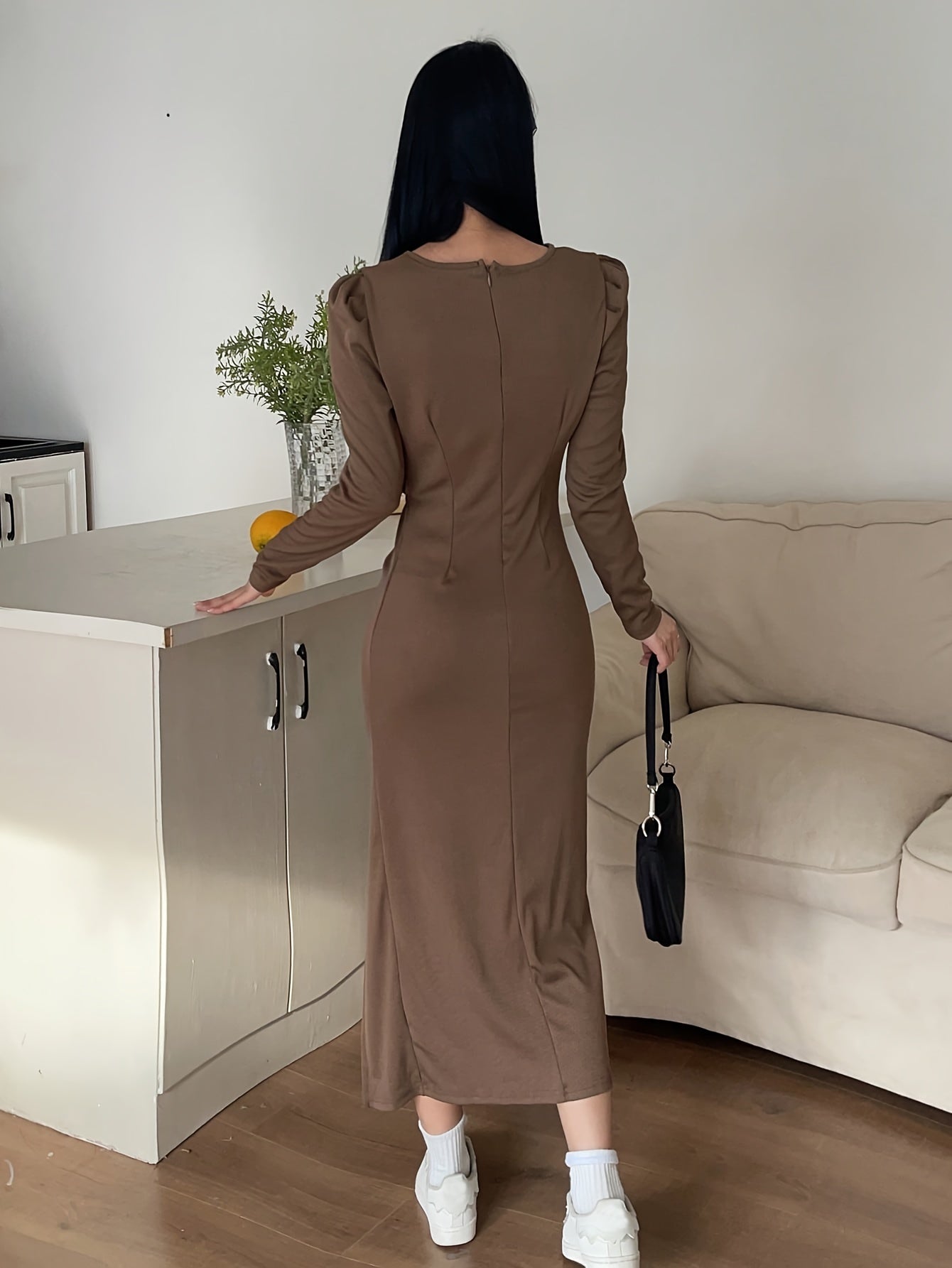 dunnmall  Cut Out Knot Front Split Hem Dress, Elegant Long Sleeve Slim Solid Dress For Spring & Fall, Women's Clothing