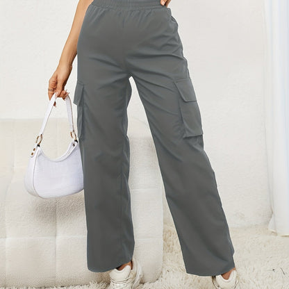 dunnmall  Solid Color Flap Pockets Straight Legs Trouser, High Waist Casual Wide Legs Cargo Pants, Women's Sweatpants