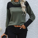 dunnmall Colorblock Turtleneck T-Shirt, Casual Long Sleeve Top For Spring & Fall, Women's Clothing