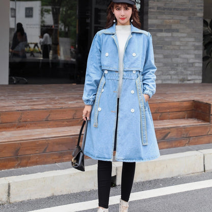 dunnmall  Blue Loose Fit Long Denim Jackets, Long Sleeves Non-Stretch With Waistband Lapel Denim Coats, Women's Denim Clothing