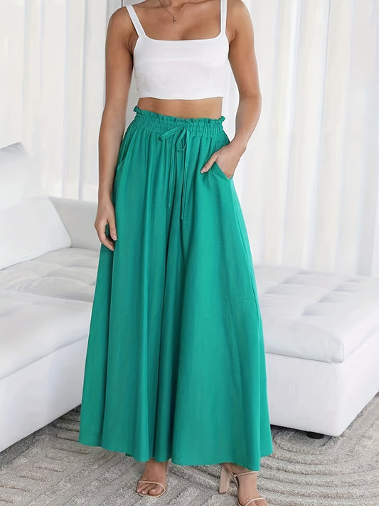 Women's Wide Leg Palazzo Pants, Flowy Ruffle Solid Pants, Women's Clothing