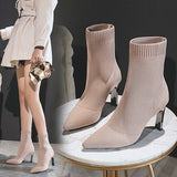 Pointed Toe Sock Boots Women's Chunky Heel  Spring New High Heels Stretch Boots Flat Heel Woolen Yarn Boots Fashion Short Boots