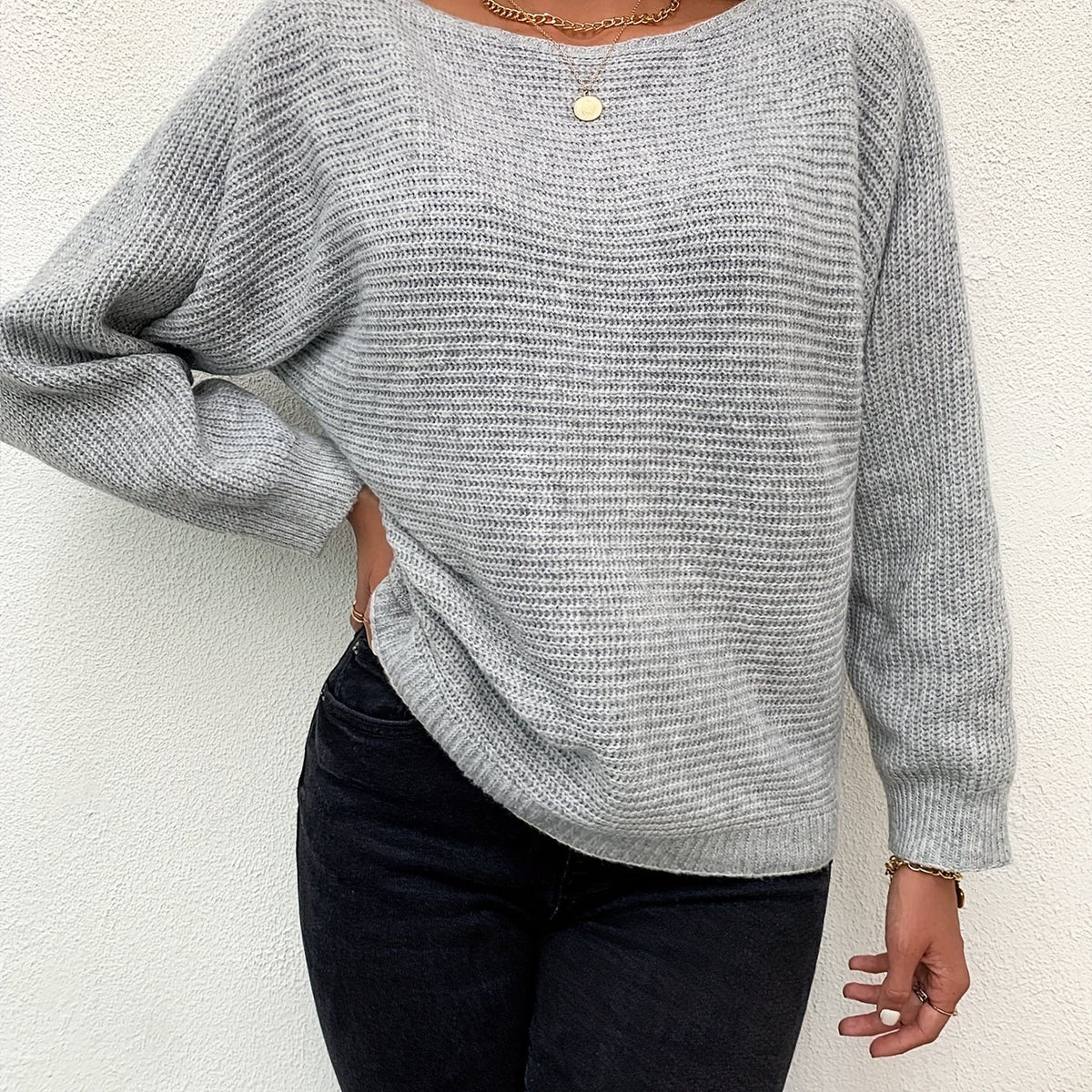 Solid Boat Neck Knit Bat Sleeve Sweater, Casual Long Sleeve Versatile Sweater, Women's Clothing