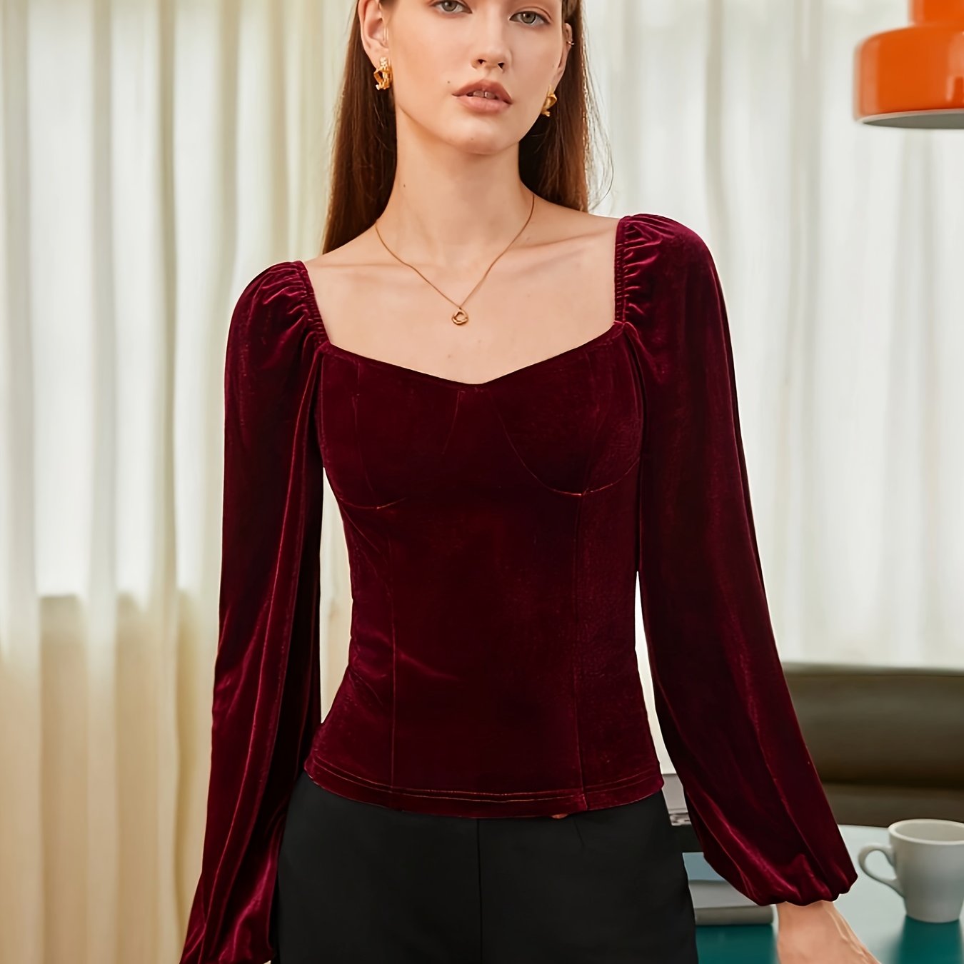 xieyinshe Solid Velvet Slim Top, Vintage Lantern Sleeve Top For Spring & Fall, Women's Clothing