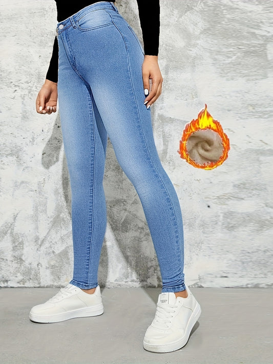 Slim Fit Casual Skinny Jeans, Fleece Liner High Stretch Keep Warm Tight Jeans, Women's Denim Jeans & Clothing