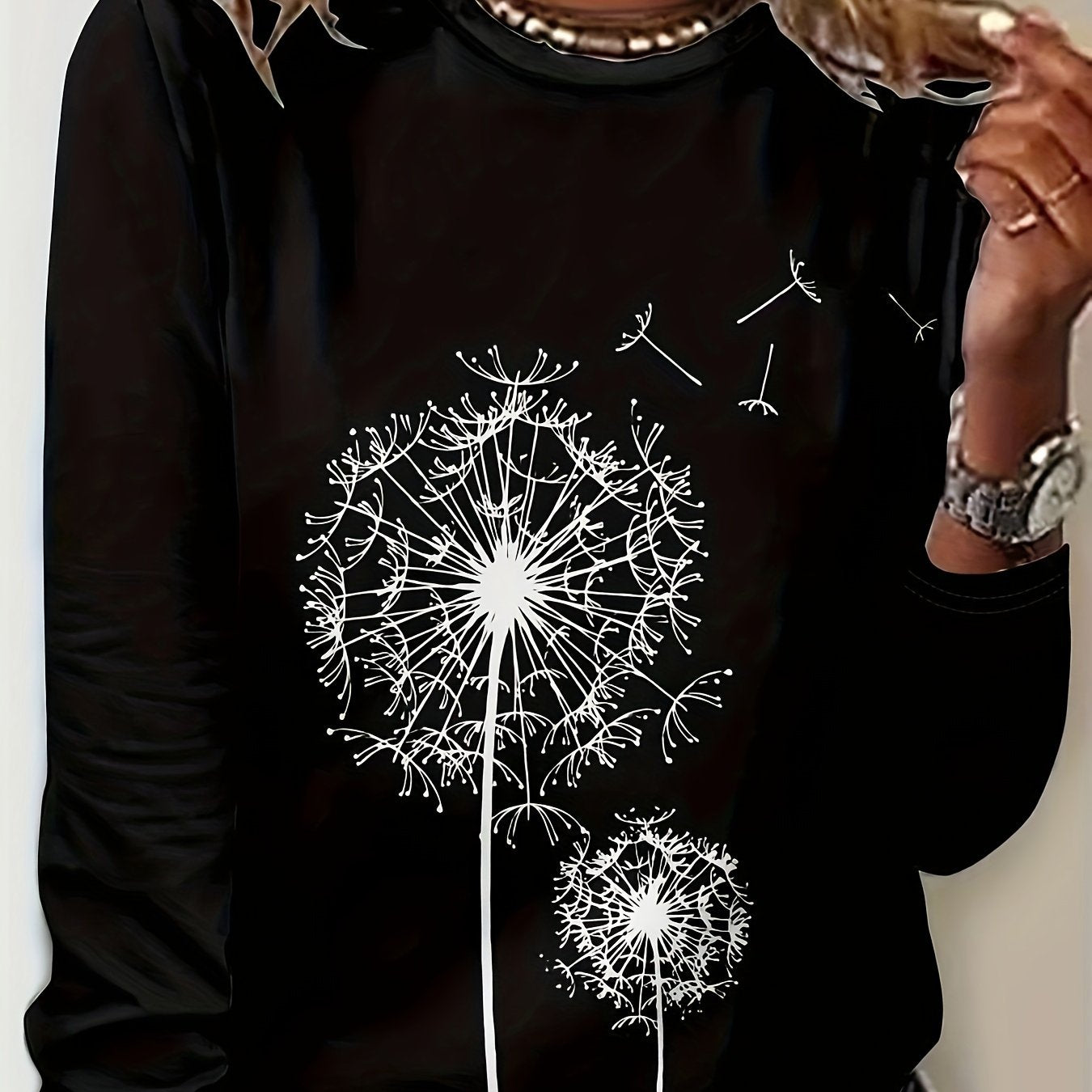 dunnmall Dandelion Print Crew Neck T-Shirt, Casual Long Sleeve T-Shirt For Spring & Fall, Women's Clothing