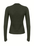 dunnmall  Long Sleeve Ribbed T-Shirt, Half Button Casual Top For Fall & Spring, Women's Clothing