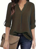 dunnmall  Solid Simple Blouse, Casual V Neck Long Sleeve Blouse, Women's Clothing