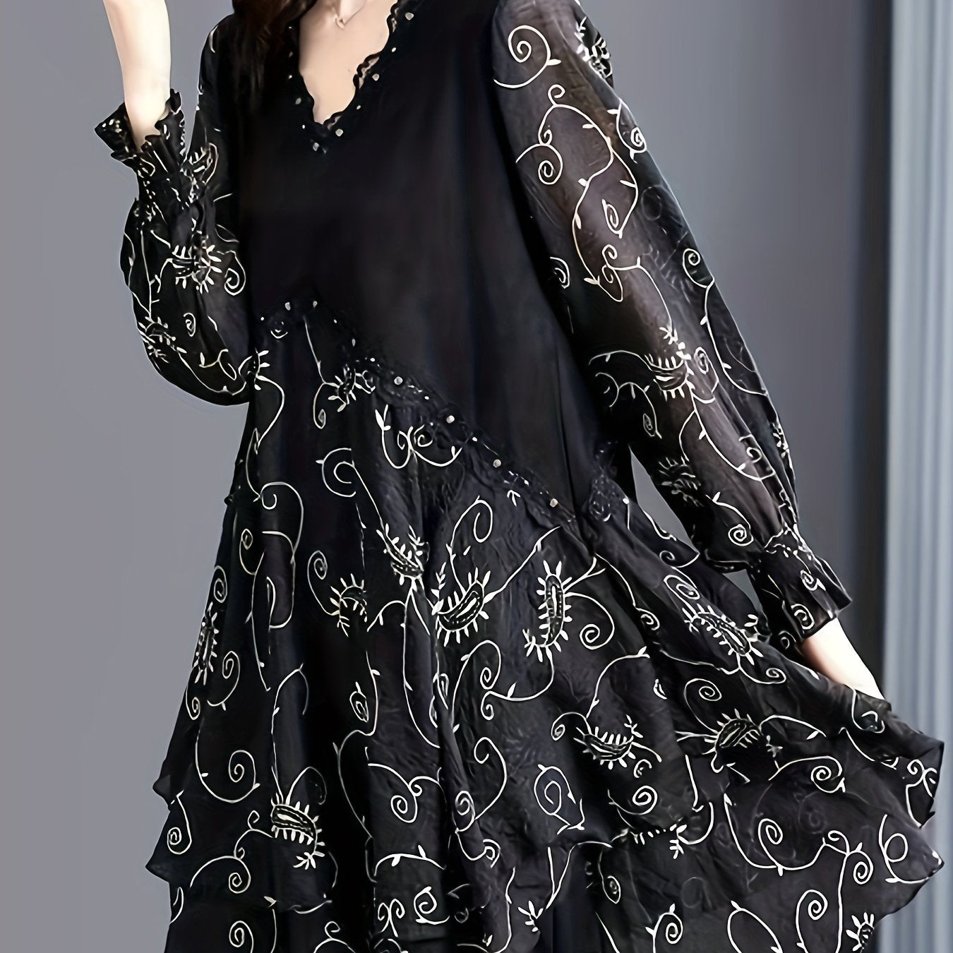 dunnmall  Floral Print Lace Trim V Neck Dress, Casual Velvet Paneled Long Sleeve Dress, Women's Clothing