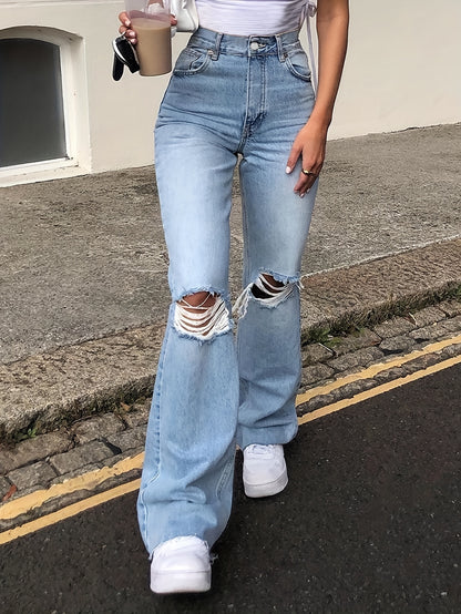 dunnmall  Blue Raw Hem Flared Jeans, Bell Bottom Ripped High Waist Wide Legs Slash Pockets Denim Pants, Women's Denim Jeans & Clothing