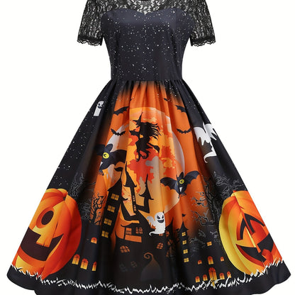 Halloween Witch & Castle Print Lace Stitching Dress, Elegant Ruffle Hem Swing Aline Dress, Women's Clothing