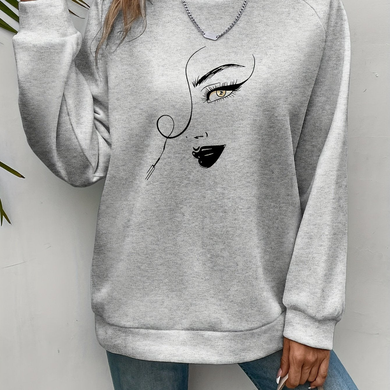 dunnmall  Graphic Print Pullover Sweatshirt, Casual Long Sleeve Crew Neck Sweatshirt For Spring & Fall, Women's Clothing