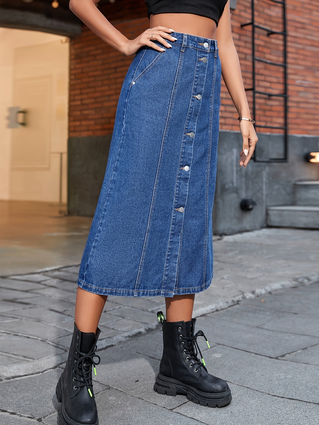 xieyinshe High Rise Single-breasted Slash Pocket Denim Skirt, Plain Washed Blue Streetwear Split Midi Denim Skirt, Women's Denim Jeans & Clothing