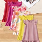 6pcs Set - Adorable Girls Ruffle Hem Dresses - Soft & Comfy, Solid Color Casual Styles for Ages 1-8 - Perfect Little Girl Wardrobe Essentials