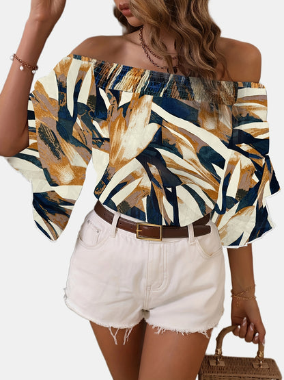 dunnmall  Allover Print Off Shoulder Blouse, Casual Blouse For Spring & Summer, Women's Clothing