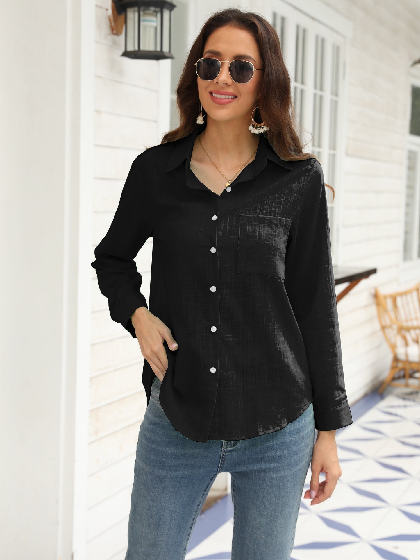 Long Sleeve Button Up Shirt, Pocket Casual Every Day Top For Spring & Fall, Women's Clothing