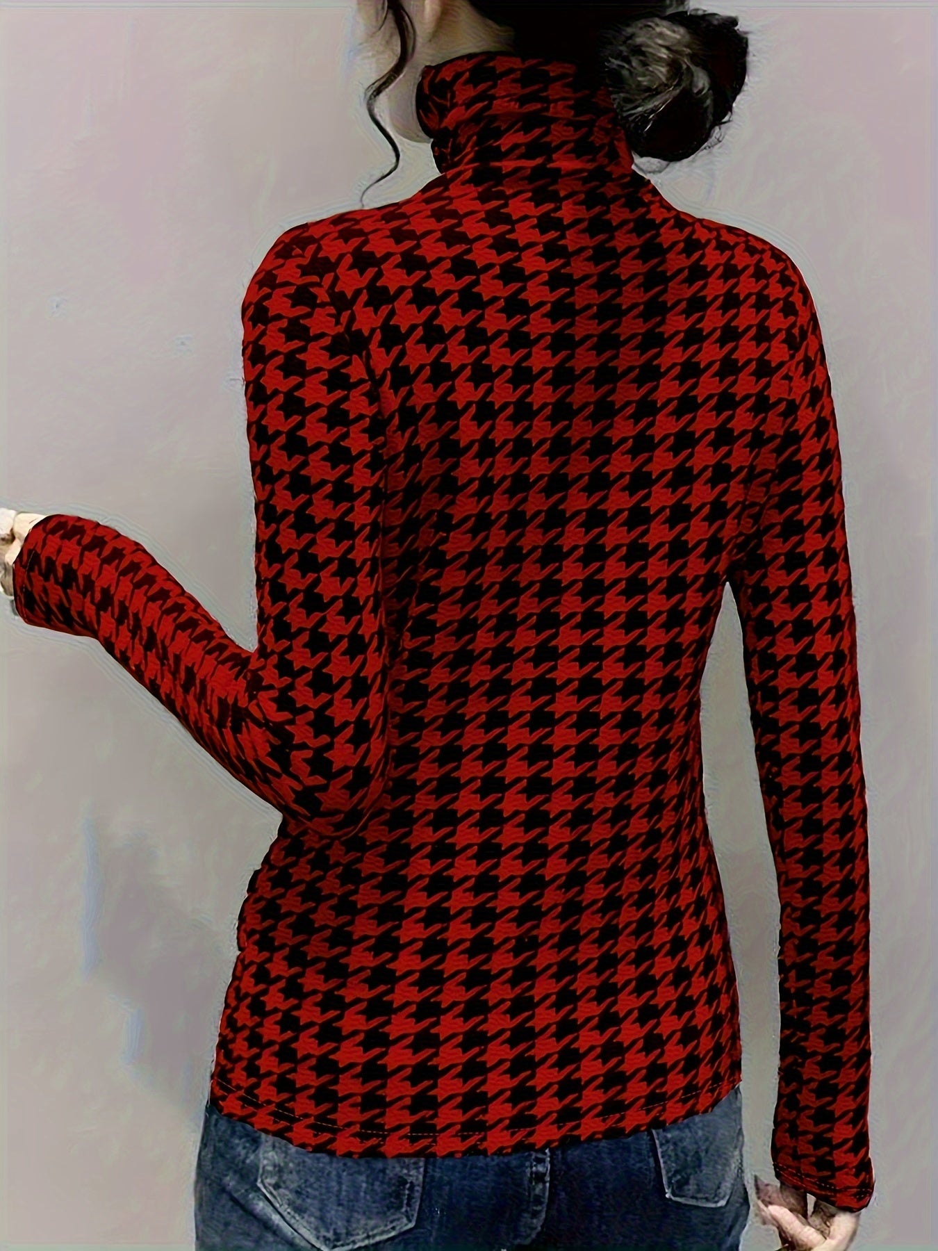 Houndstooth Print Turtleneck T-Shirt, Casual Long Sleeve Top For Spring & Fall, Women's Clothing