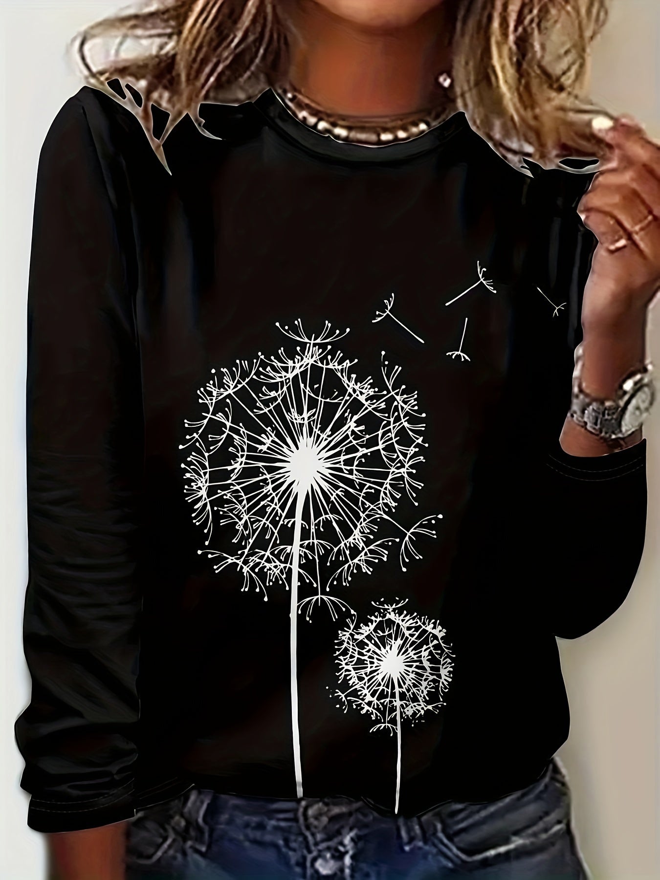 dunnmall Dandelion Print Crew Neck T-Shirt, Casual Long Sleeve T-Shirt For Spring & Fall, Women's Clothing