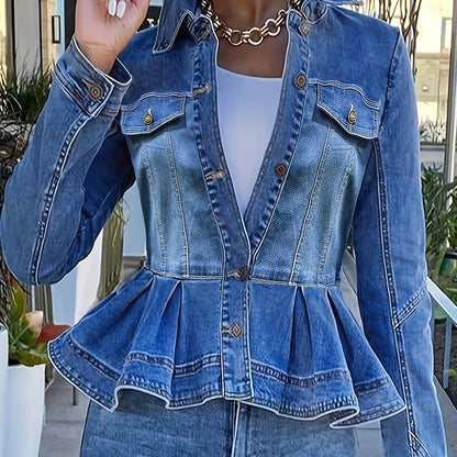 dunnmall Plus Size Elegant Denim Jacket, Women's Plus Washed Long Sleeve Turn Down Collar Ruffle Trim Denim Jacket